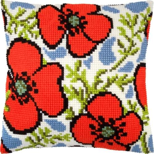 DIY Cross Stitch Cushion Cover Red Poppies Needlepoint Kit Pre-Printed Canvas Chunky Yarn Cross-stitch Pillow Case Arts & Crafts