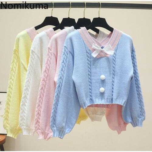 Nomikuma 2020 Autumn New Pullover Sweater Korean Hit Color Lantern Sleeve V-neck Knitted Tops Sweet Bowknot Pull Femme 6B931