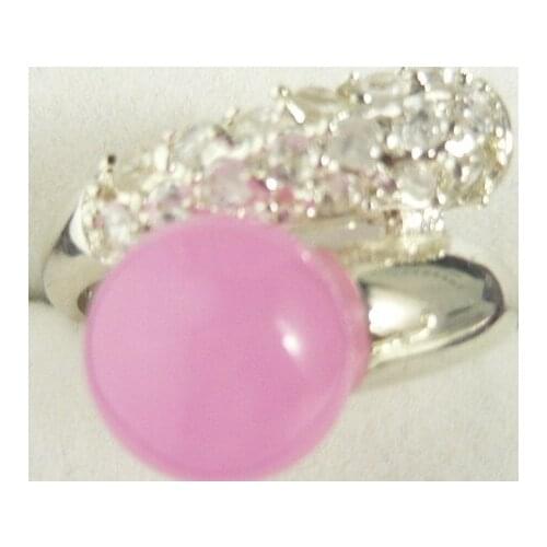 Wholesale noble pink Natural jade silver plated crystal inlay fashion ring(#7.8.9)