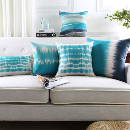 Wholesales Teal Blue Pillow Cover Abstract Watercolor Printed Cotton Linen Cushion Cover Pillow Case Home Decor 45*45cm
