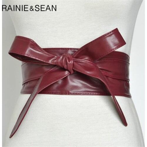 RAINIE SEAN Women Belt Leather Cummerbunds For Women Burgundy Belt For Coat Bow Self Tie Wrap Brand Ladies Fashion Belt