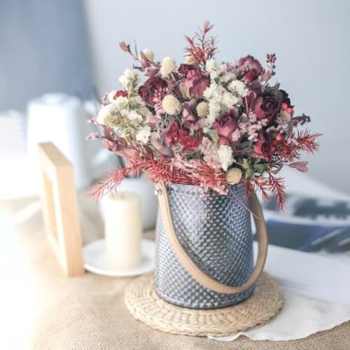 Luxury Immortal Preserved Dried Flower Bouquet Hybird Daisy Rose Cotton Lotus Gypsophila Arrangement Leather Bottle Home Decor
