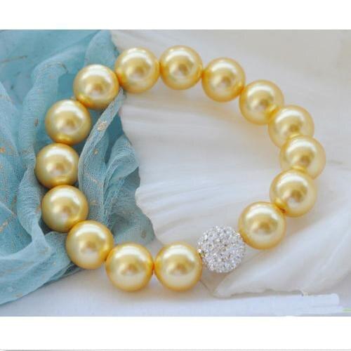 Luck Pearl Jewellery,Stretch 8inches 12mm Round Yellow Shell Pearl Rhinestone Beads Bracelet