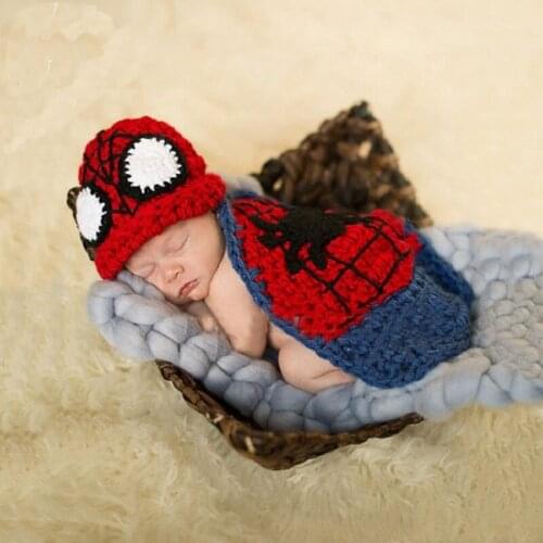 Newborn Photography Props Tiny Baby Boy Spider-man Crochet Cartoon Hat Photo Shoot Outfits Infant fotografia Shoot Clothes