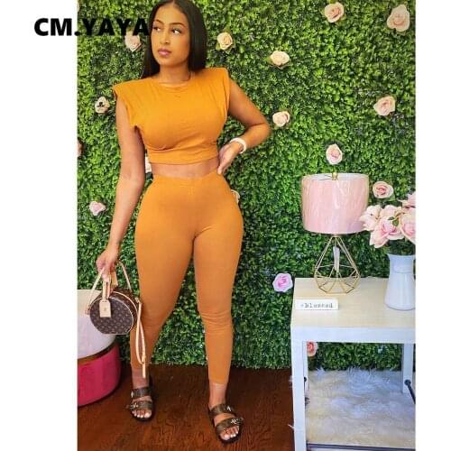 CM.YAYA Women Casual Set Sleeveless Shoulder Pads Crop Tops Sheath Elastic Ankle Length Pencil Pants 2 Piece Set Tracksuits 2021