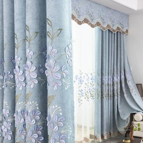 Modern New Chinese Blue Chenille Living Room Embossed Embroidered Curtain Cloth Bedroom Shade Cloth Curtain