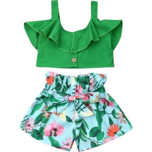 Toddler Baby Girls Sleeveless Green Crop Tops Floral Short Pants Outfits Clothes Children Streetwear