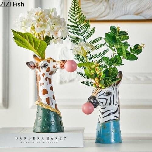 Flower Vase Home Decoration Resin Panda Giraffe Statue Crafts Flowers Pot Floral Simulation Animal Adornment Desk Decorations