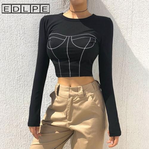 Bright Line Chest Print Long-sleeved Short T-shirt Y2k Tops Kawaii Clothes Unif Cute Streetwear Harajuku Shirt Graphic T Shirts