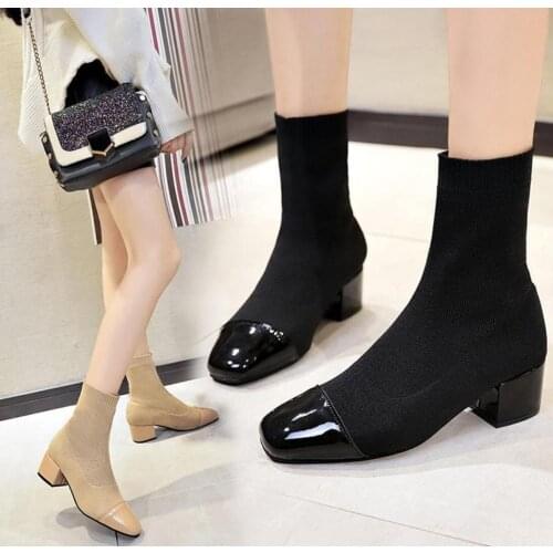 Women Ankle Sock Boots 2020 Fashion Autumn Stretch Boots Chunky High Heels patent leather Square head Women Shoes botines mujer
