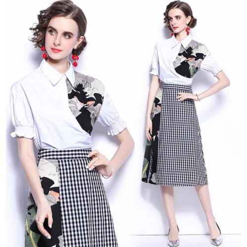 2021 Summer New Elegant Ladies Print Suits Casual Lantern sleeve Cropped Shirt and Plaid Patchwork Split Mid Skirt 2 Piece Sets