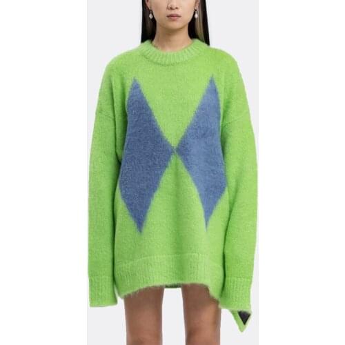 New 10.26 Autumn Winter Round Neck Long Sleeve Argyle Geometric Pattern Contrast Color Loose Wool Knit Pullover Sweater Women