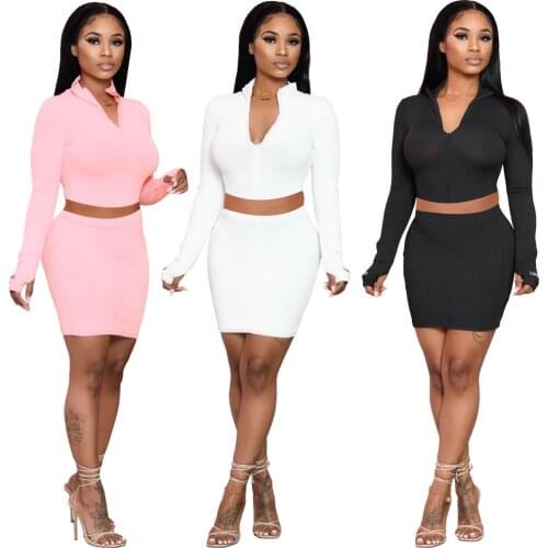 27A8683 Autumn Winter Women Sexy Fashion Solid Letter Print Two Piece Set Top and Skirt Tracksuit Sweatsuit Outfits