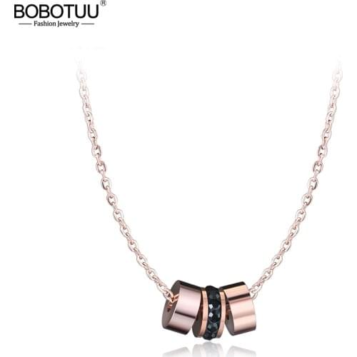 BOBOTUU Rose Gold Circles With Rhinestone Choker Necklace For Women Statement Brand Jewelry Stainless Steel Link Chain BN17020