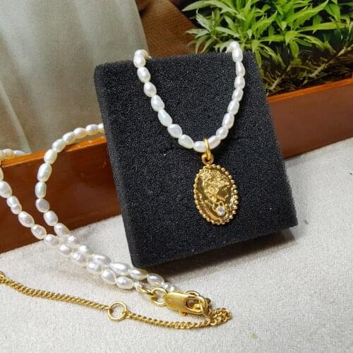 Simple temperament retro clavicle chain geometric head coins inlaid zircon freshwater pearls women necklace