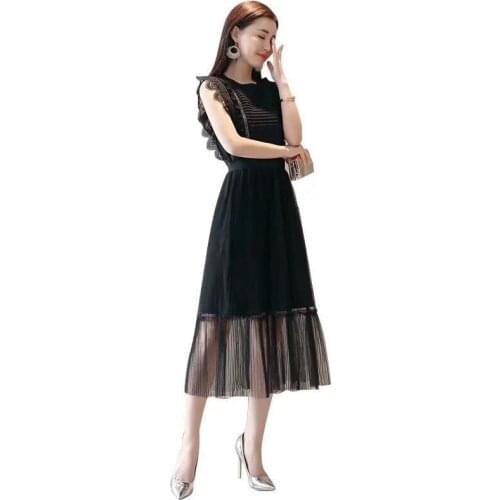 2021 Summer Dresses for Women Midi Dress O-Neck Solid Black Sleeveless Casual Elegant Robes Vestidos Vintage Korean Lady Clothes