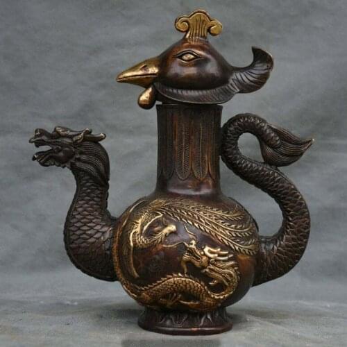 10" Old Mark Chinese Royal Palace Bronze Gild Dragon Phoenix Wine Tea Pot Flagon