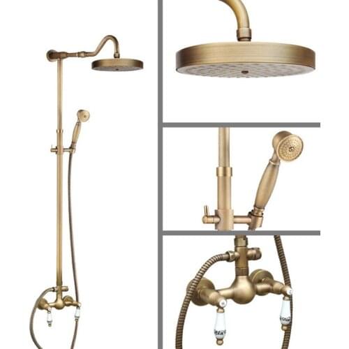 Antique Brass Wall Mounted Bathroom Rain Shower Faucet Shower Head Set Mixer Tap Dual Ceramic Handles Levers man504