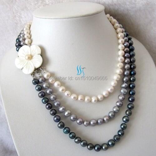 FREE SHIPPING hot sell >>>17-20" 7-9mm 3 Row Freshwater Pearl Necklace