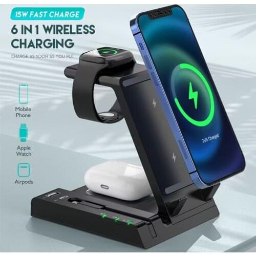Tongdaytech 15W Wireless Chargers For Iphone 7 8 XR XS 11 12 Pro Max 6 IN 1 Usb Type C Fast Charger For Apple Watch Airpods Pro