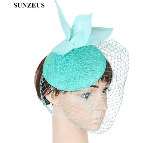 Turquoise Wedding Hats for Women Leaves Elegant White Bridal Hats with Face Veil chapeau mariage bleu SH85
