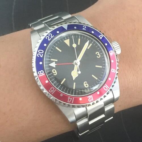 Retro style left and right rotating aluminum watch ring fashion GMT automatic mechanical watch mens 39.5mm black sterile dial