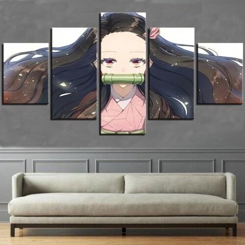 Canvas HD Prints Kawaii Girl Painting 5 Panel Wall Art Poster Demon Slayer Kimetsu No Yaiba Home Decor Bedroom Modular Pictures