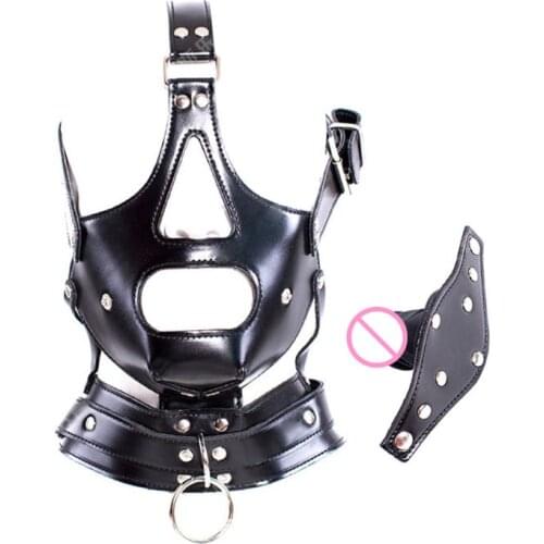 Leather Fetish Head Wrap Bondage Headgear Mask Hood Restraint Adult Role Play Sex Toys for Woman Man Bondage Sex Mask And Cuff