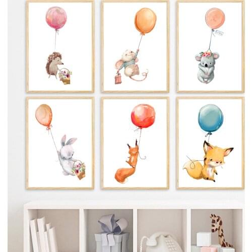 Rabbit Fox Squirrel Koala Mouse Balloon Nursery Wall Art Print Canvas Painting Nordic Poster Wall Pictures Baby Kids Room Decor