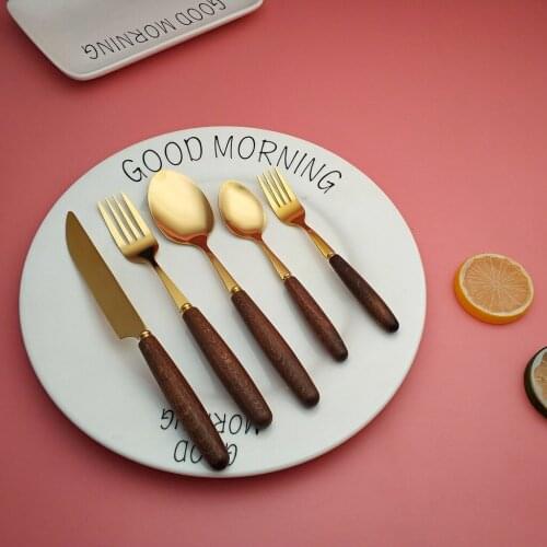 Hot new style wooden handle gold-plated stainless steel knife table fork coffee spoon dessert fork tableware cutlery set