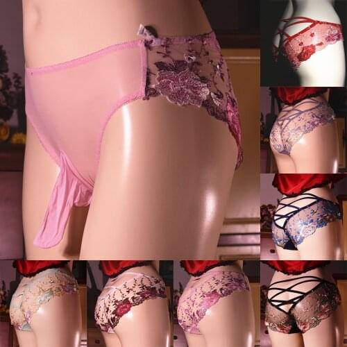 Sissy Pouch Panties Mens Lace Bikini Briefs G-String Thongs Underwear Knickers Bandage Back Hollow Mens Underwear Exotic 2021