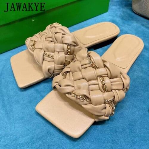 New Woven Chain Flat Women Mules Square Open Toe Beach Party Shoes Real Leather One Strap Women Slippers Fashion Summer Slides