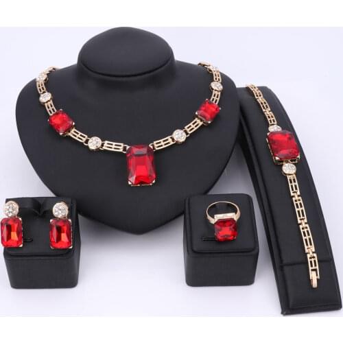 Fashion Jewelry Sets Women Gold Color Crystal Gem Wedding Bridal Nigerian African Party Necklace Earring Bangle Ring Accessorie