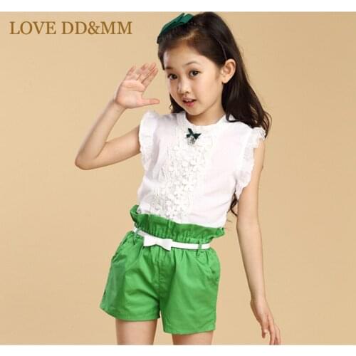 LOVE DD&MM Girl Clothing Sets 2021 New Summer Fly Sleeve Lace T-shirts + Shorts Two Piece Suit Fashion Belt Free