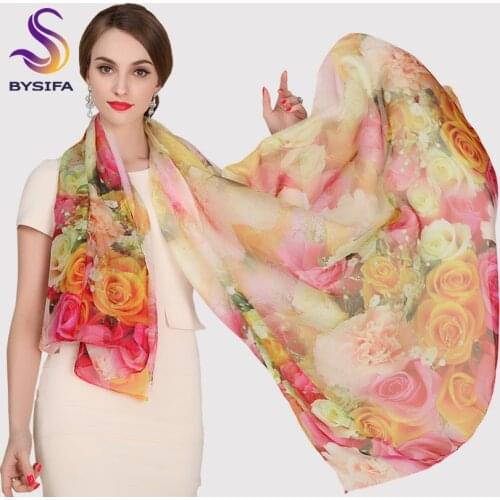 New Spring Autumn Ladies Pure Silk Scarf Winter Accessories Long Design Pink Scarves Wraps Women Digital Injket Sunshade Shawl