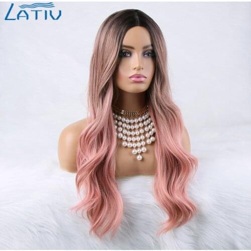 Lativ Synthetic Long wave Wig Middle Part Ombre Pink Wig Ombre Brown Blonde for Women Cosplay Daily Natural Looking Wigs