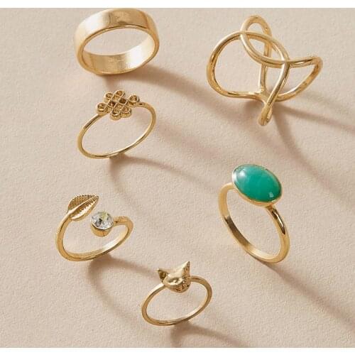 Tocona 6pcs/sets Bohemian Green Rhinestone Ring Sets for Women lovely Animal Geometric Clear Crystal Stone Jewelry 10026