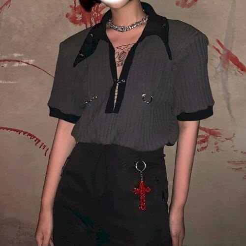 Three-dimensional Tailoring V-neck Drawstring Womens T-shirt High Waist Short Summer Exposed Navel Slimming Chic Lapelurban