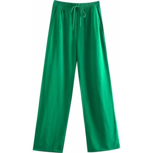 Women 2021 Summer Green Loose Trouser Legs Sockets With Side Pockets Back Pockets Loose belt Pants Casual Exquisite