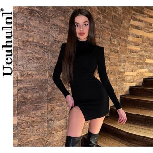 Gothic Solid Long Sleeve Mini Dress Women 2021 Spring Summer Slit Shoulder Pad Bodycon Slim Sexy Party Elegant Club Streetwear