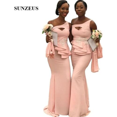Jurken Lang Mermaid One Shoulder Pink Bridesmaids Dresses Long African Women Party Gowns With Appliques abito damigella