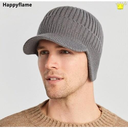 Hot Winter Knitted Ear Protection Cap Unisex Fashion Warm Wool Hats with Brim Soft Beanie Cap for Men Women Classic Fluffy Hat