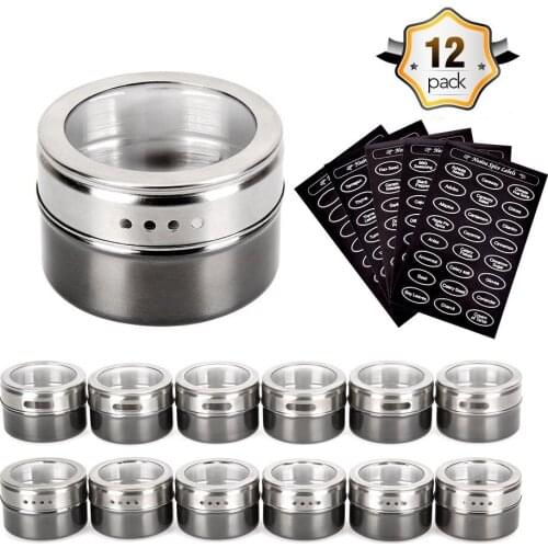 12Pcs Magnetic Spice Jar Set With Stickers Stainless Steel Spice Tins Storage Container Pepper Seasoning Sprays Kitchen Tools