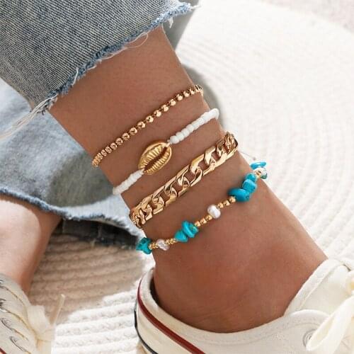 4 Pcs/Set Bohemian Women Anklets Set Natural Stone Pearl White Bead Shell Gold Anklet Simple Beach Party Female Jewelry