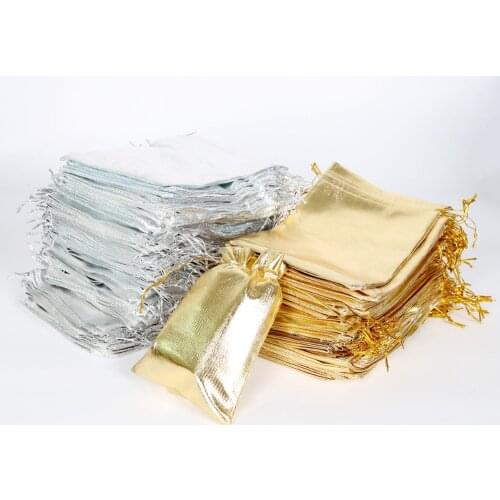 50Pcs 7X9/9X12/10X15/13X18cm Silver/Gold Color Metallic Foil Organza Pouches Christmas Wedding Party Favour Gifts Candy Bags