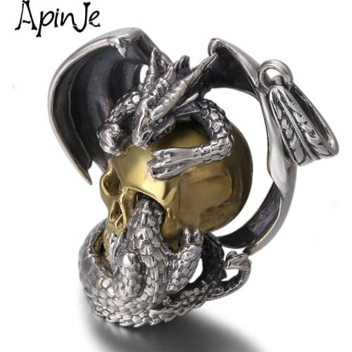 Apinje Vintage 925 Sterling Silver Skull Men Necklace Pendant Dragon Hip Hop Punk Biker Men Big Pendant