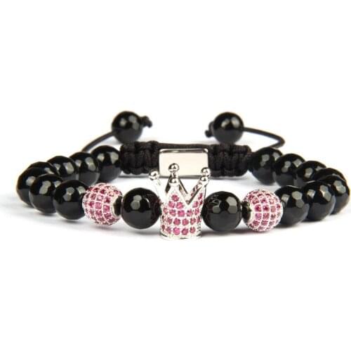 Ailatu 10 Pieces Natural Faceted Onyx Stone Jewelry Couple CZ Crown Bracelet Laser Printing Logo on Back Beads