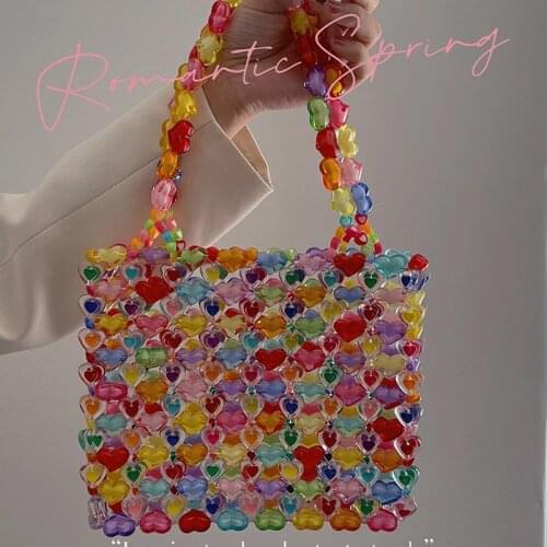 SHINE Heart Transparent Bag New Jelly Love Hand-woven Beaded Crossbody Bags for Women Heart-shaped Purses and Handbags