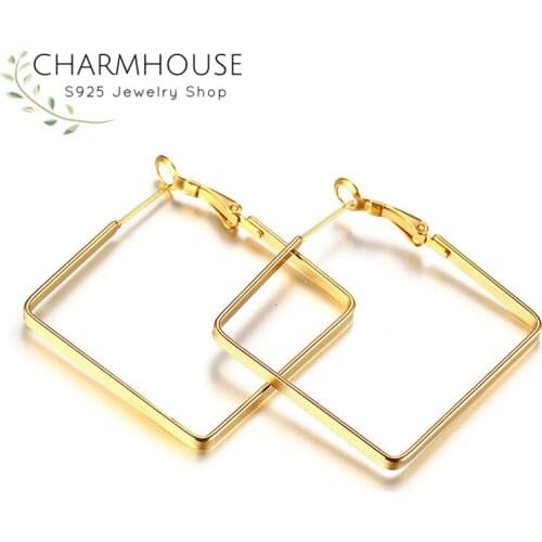 Charmhouse Hoop Earrings For Women Gold Color Square Stainless Steel Earing Brincos Femme Wedding Bridal Jewelry Not allergic
