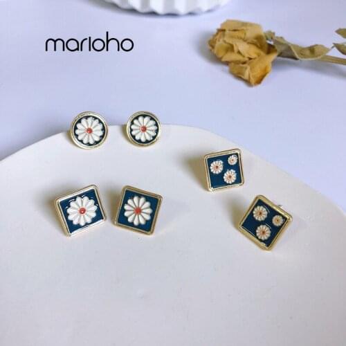 Retro Enamel Glazed Small Daisies Square Round Stud Earrings Dripping Glaze Flowers Earrings Fashion Jewelry Accessories Women
